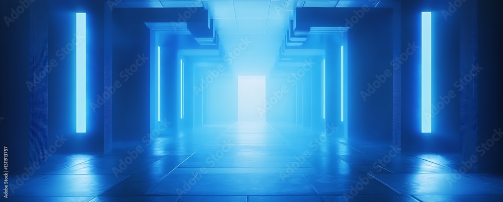Poster mysterious corridor with blue neon lights leading to a bright white source : generative ai