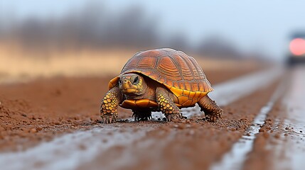 Fototapeta premium A small turtle crawls on a muddy road with a blurred car in the background.