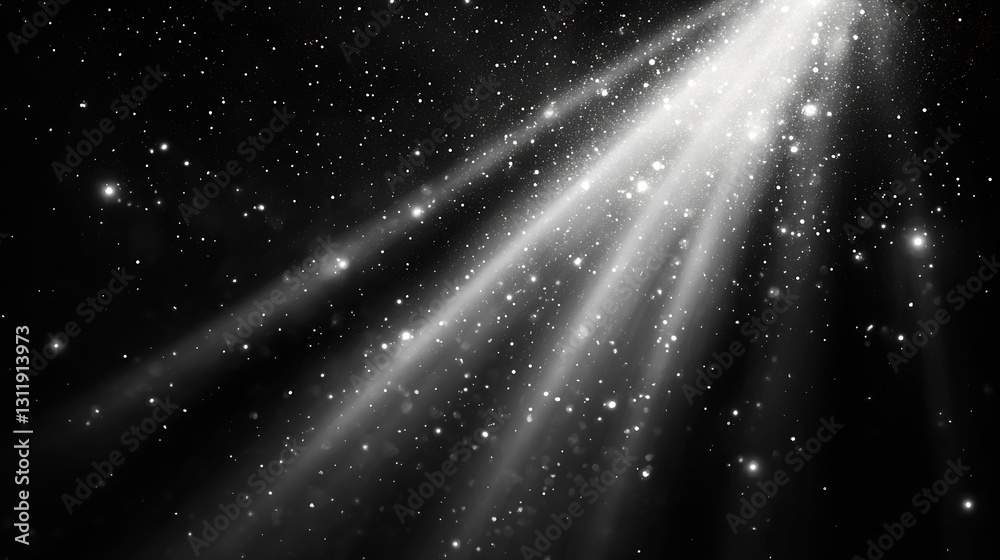 Aufkleber Intense Beam of Light with Sparkling Stars Covering a Dark Background in Black and White : Generative AI