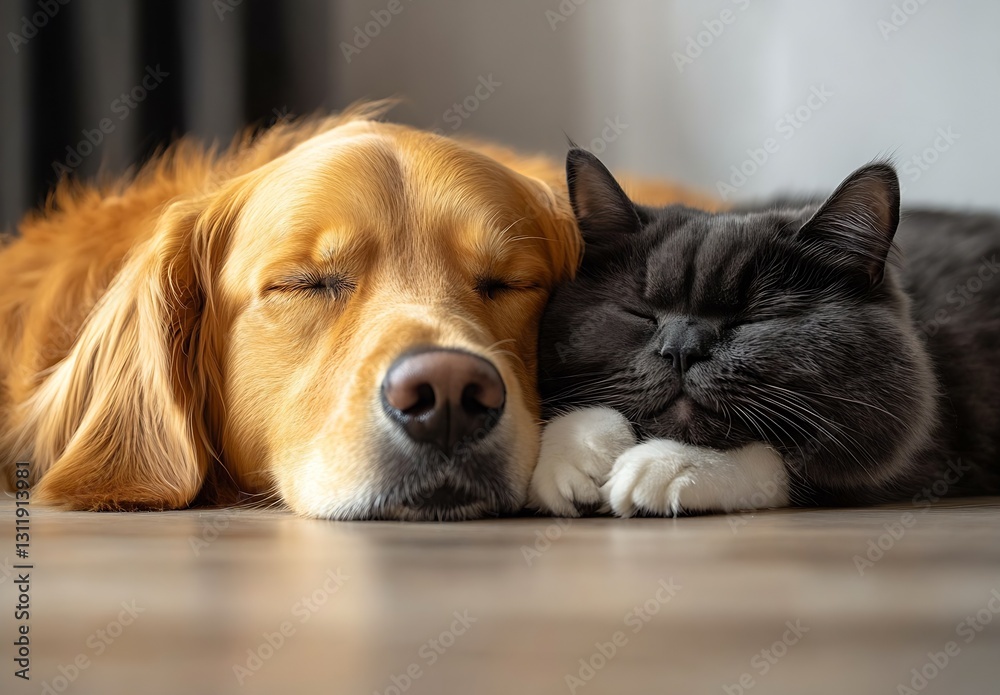 Poster Golden Retriever and Gray Cat Snuggling on Floor with Soft Light : Generative AI