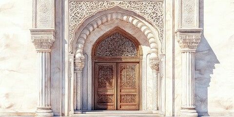 An exquisite watercolor of a lavishly carved wooden door, intricately detailed and centrally placed, leading to mysteries with its leftward-facing archway