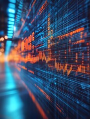 Obraz premium Abstract blue and orange digital display with data and graphs