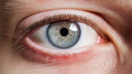 Fototapeta premium Close-up of a blue eye with intricate details and subtle redness around the eyelids.