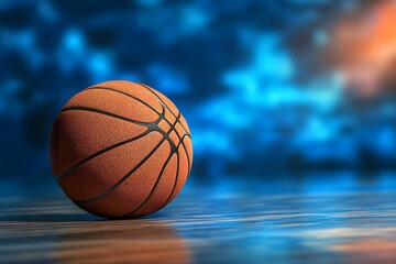 Obraz premium A close-up view of a basketball on a polished wooden court with a blurred blue background