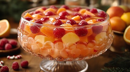 A festive party spread featuring a large punch bowl with floating fruit and candy decorations