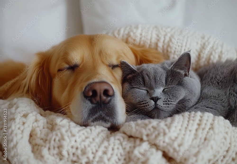 Poster golden retriever and gray cat snuggled together in soft knit blanket : generative ai