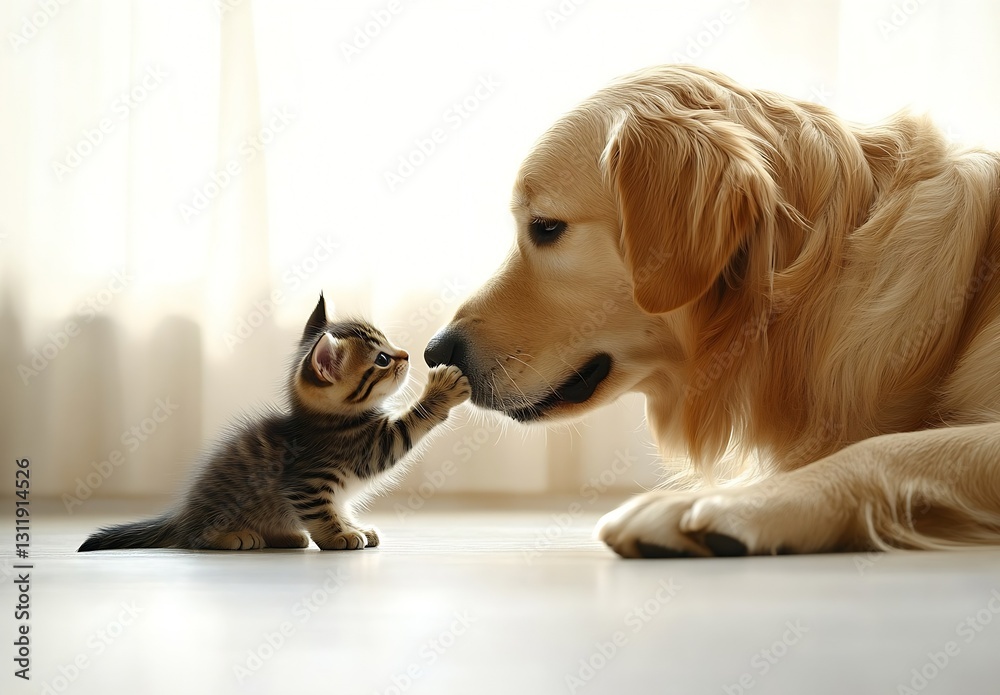 Poster endearing moment of tabby kitten gently touching golden retriever nose in a bright room : generative
