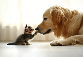 Endearing Moment of Tabby Kitten Gently Touching Golden Retriever Nose in a Bright Room : Generative AI