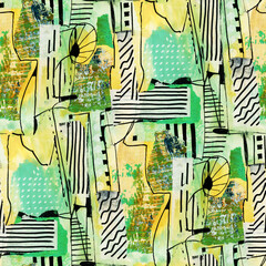 Seamless pattern with abstract  drawing. Mixed media and collage.  Hand-drawn illustration.