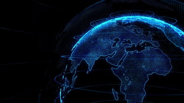 Digital blue earth rotating, Business scientific global network, animation digital grid data communication. 3d world animate social future technology background Concept.