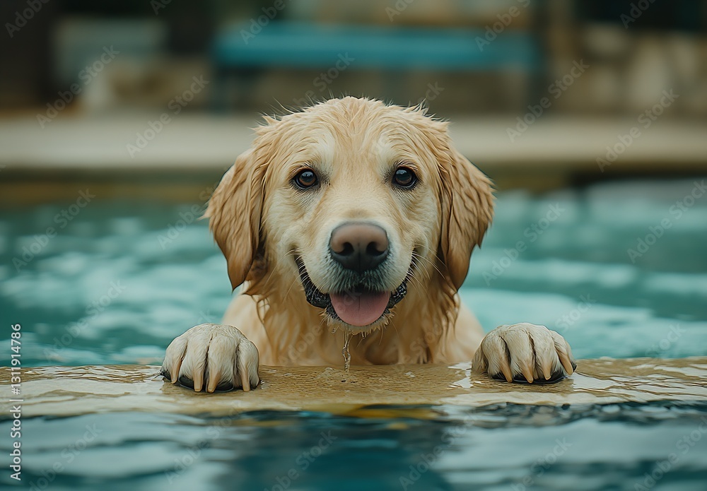 Aufkleber Happy Golden Retriever Swimming in Pool with Cheerful Expression and Wet Fur : Generative AI