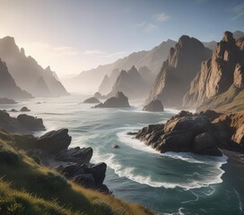 Morning fog rolling in behind rugged coastline, misty morning, hazy horizon, atmospheric light