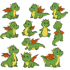 Fototapeta premium Cute cartoon dragon character with different poses. Set of dragons isolated on white background. Transparent PNG version.