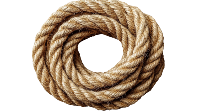 "A close-up view of a perfectly coiled hemp rope with a rustic appearance, isolated on a transparent background.