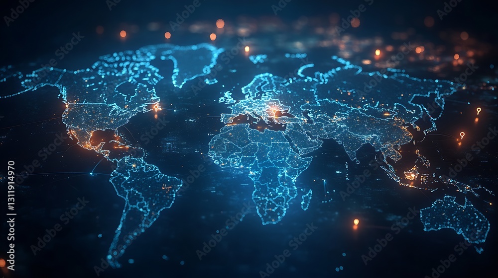 Poster futuristic digital world map glowing with neon blue lights showcasing global connections and technol