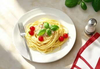 Freshly Prepared Spaghetti with Cherry Tomatoes and Basil on a White Plate under Soft Natural Light