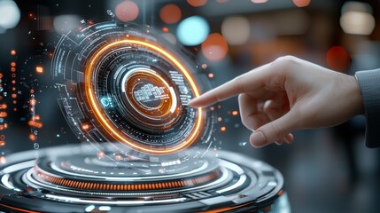 Interactive digital interface manipulation futuristic technology lab high-tech display indoor environment eye-level viewpoint innovation demonstration