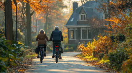 Older couple enjoys a leisurely ride on electric bicycles during autumn in a peaceful neighborhood with vibrant foliage