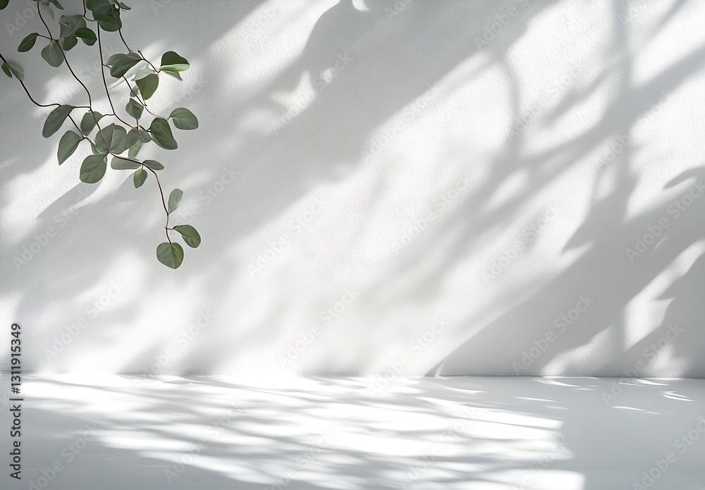 Poster natural green plant shadows on bright white background creating calm ambience : generative ai