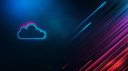 Obraz premium Futuristic neon cloud computing concept with glowing digital elements for technology, data storage, and cybersecurity visuals. Minimal backdrop
