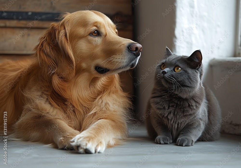 Poster Golden Retriever and Gray Cat with Curious Expressions in Cozy Indoor Setting : Generative AI