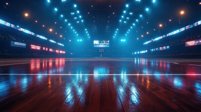 Empty basketball arena lit by vibrant neon lights
