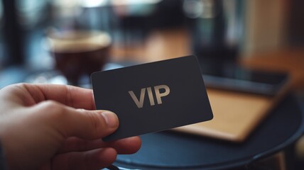 A hand holding a VIP card against a stylish café background, suggesting exclusivity and luxury.