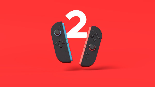 Agua Boa, Minas Gerais, Brazil - January 31, 2025 - two nintendo switch 2 controllers floating on red backdrop with number 2 in the background
