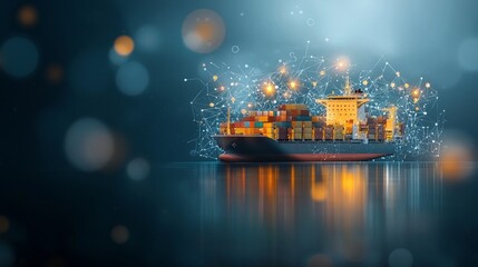 Global shipping freight movement ocean waters digital art contemporary environment aerial view logistics and trade innovation