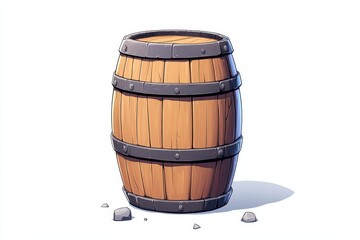 Wooden Barrel Clipart on White Background - A cartoon- illustration of a wooden barrel, symbolizing storage, tradition, adventure, rustic charm, and strength