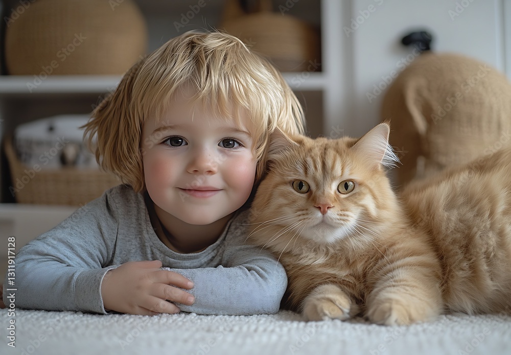 Poster charming child and fluffy orange cat posing together with happy smiles at home : generative ai