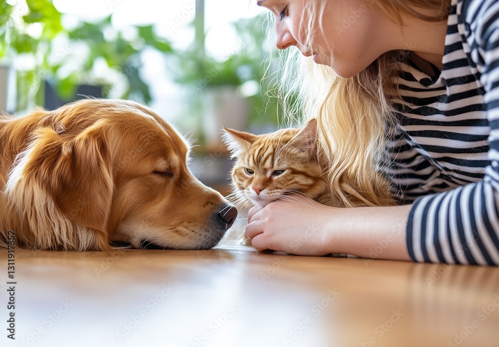 Poster Golden Retriever and Cat Resting Together While Woman Plays with Them on Wooden Floor : Generative AI