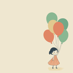 Child hold on to balloons, plain background, flat vector art style