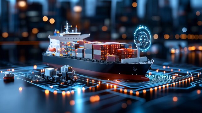 Global shipping innovation container vessel navigating modern ports digital technology integration urban landscape aerial view logistics and efficiency