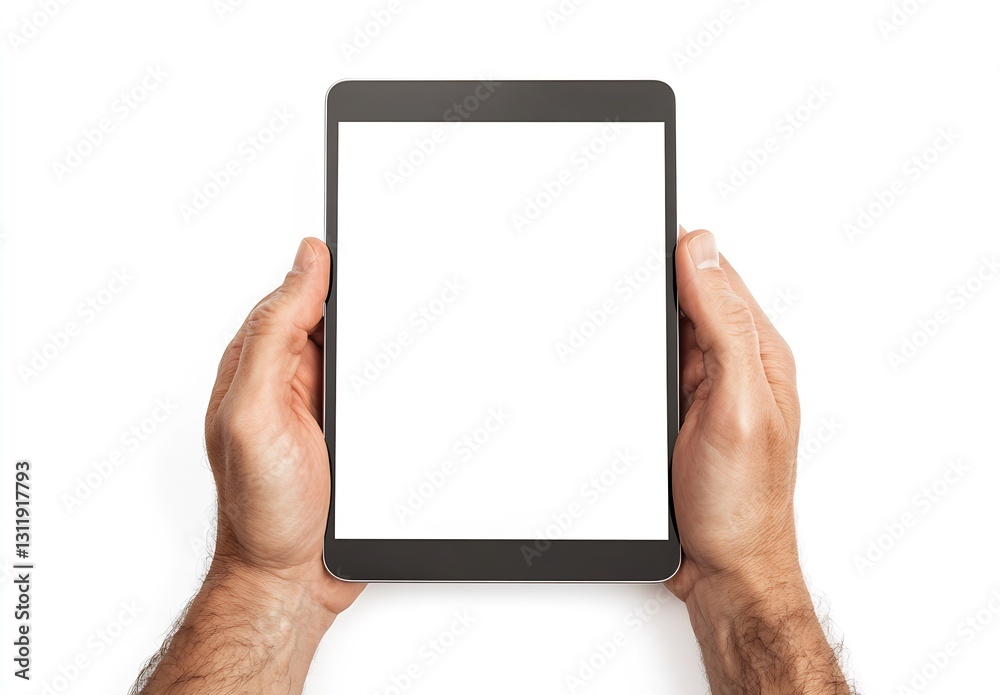 Poster male hands gripping a modern tablet device against a clean white background ideal for technology and