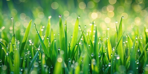 Fototapeta premium Vibrant Green Blades of Grass Adorned with Sparkling Morning Dew Drops, a Close-Up View of Nature's Beauty at Dawn