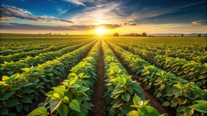 Golden Hour Illumination on Verdant Rows of Cultivated Plants Extending to a Distant Horizon Under a Sky of Vivid Hues