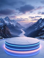 AI Generated Futuristic Glowing Platform with Neon Lights in a Breathtaking Mountain Landscape for Social Media Ads, Product Display, and Digital Marketing
