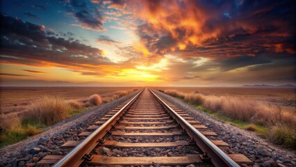 A lone railway track stretches towards a vibrant sunset, traversing a vast, tranquil plain under a dramatic sky