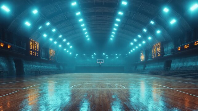 Empty basketball arena under vibrant teal lights