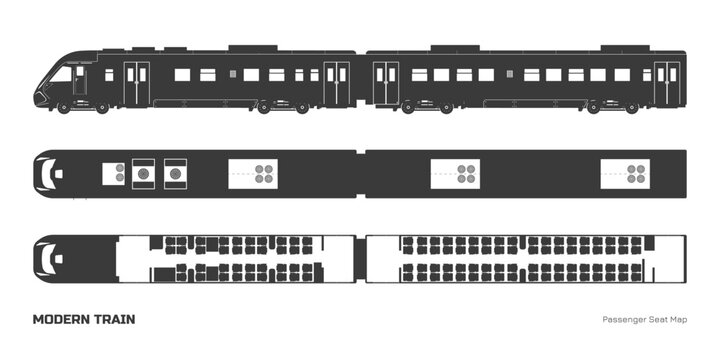 Black silhouette of modern train passenger seat map. Locomotive model top and side view. Rail transport interior scheme. Isolated express template