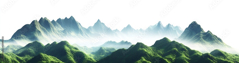 Poster lush green mountains drenched in mysterious fog and soft light : generative ai