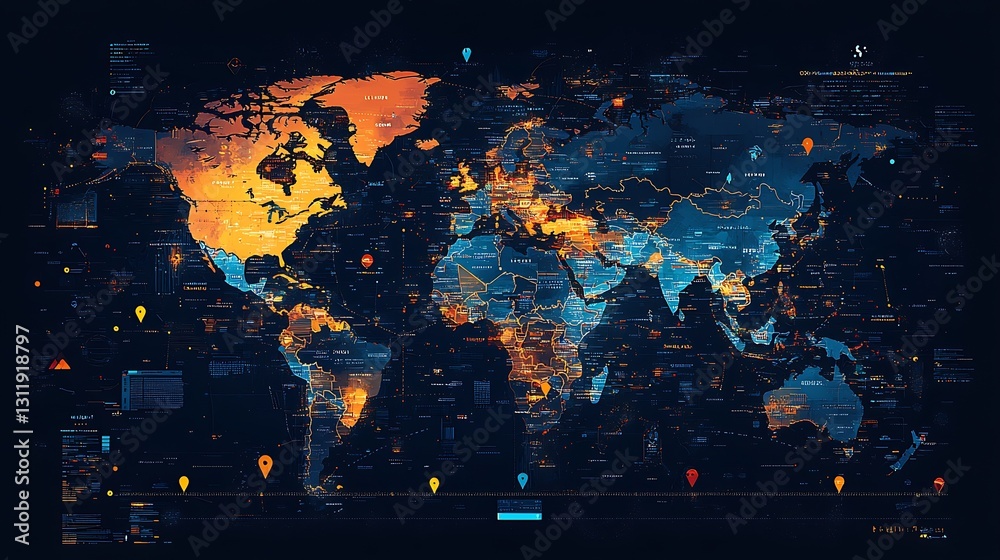 Poster High-Tech Interactive World Map Featuring Data Points And Influence Patterns : Generative AI