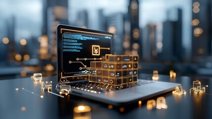 Innovative data processing event showcasing high-tech laptop urban cityscape digital content modern environment aerial view future technology concepts