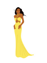 Beautiful Women in fashion long yellow dress for evening or cocktail party, event. Pretty girl wearing stylish clothes. Vector realistic illustration isolated on transparent background.