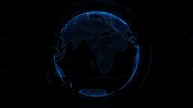 Digital blue earth rotating, Business scientific global network, animation digital grid data communication. 3d world animate social future technology background Concept.