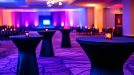 Elegant event space with glowing candles on tables, vibrant lighting, and a projector screen
