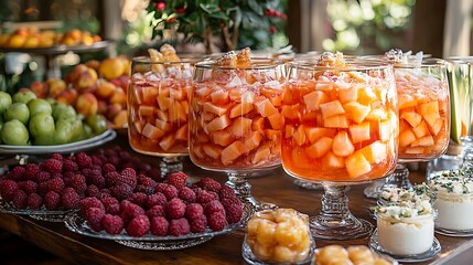 A bright and cheerful display of mixed fruit punch and a variety of sweet treats on a festive table