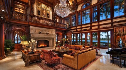 Obraz premium Elegant Living Room with Fireplace and Ocean View in Luxury Home