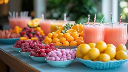 A colorful party table with punch cups pastel candy dishes and a fruit platter centerpiece